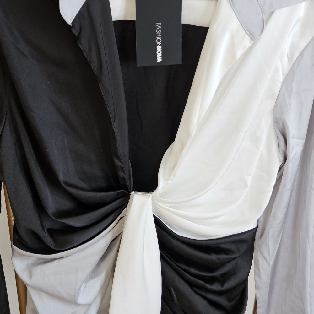 Fashion Nova Black and White Satin Blouse - Picture 4 of 5
